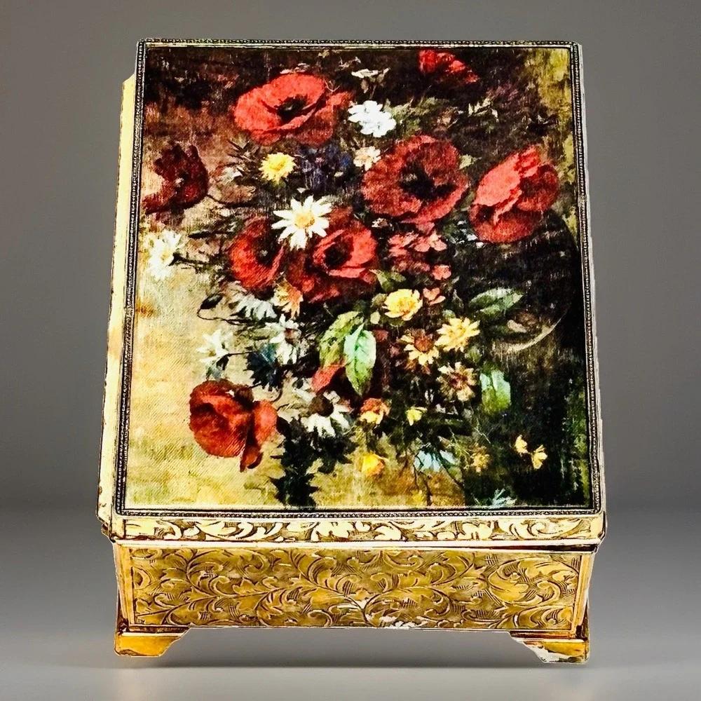 Vintage Schmid Bros Music Box Camelot Flowers Red Velvet Made In Japan Jewelry